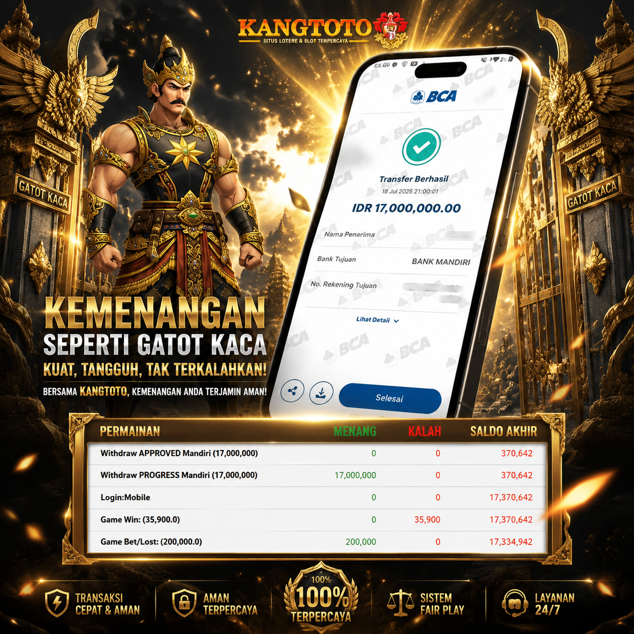 BUKTI GATES OF GATOT KACA 1000 MENGAMUK !! Rp 17.000.000 LUNASS !!!