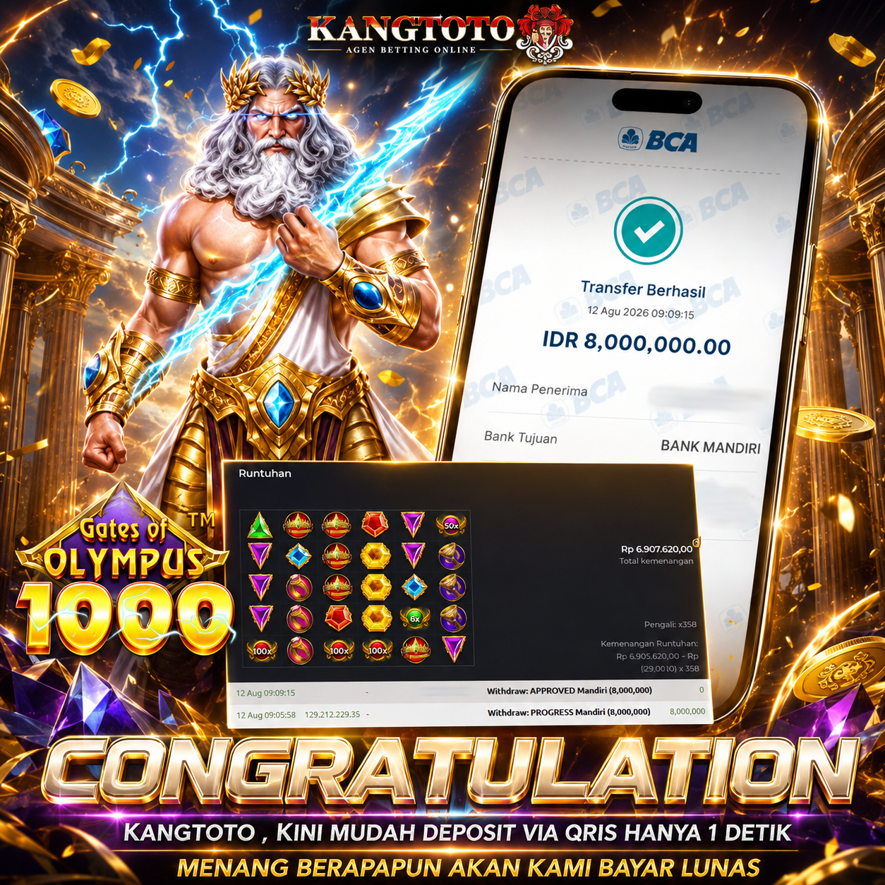 JACKPOT PRAGMATIC GATES OF OLYMPUS 1000 CAIR RP 8,000,000 !